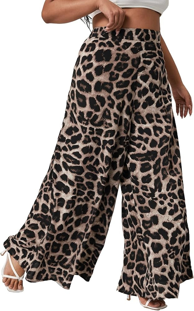 WDIRARA Women's Plus Size Leopard Print Wide Leg Flare Harem Zip Back Pants | Amazon (US)