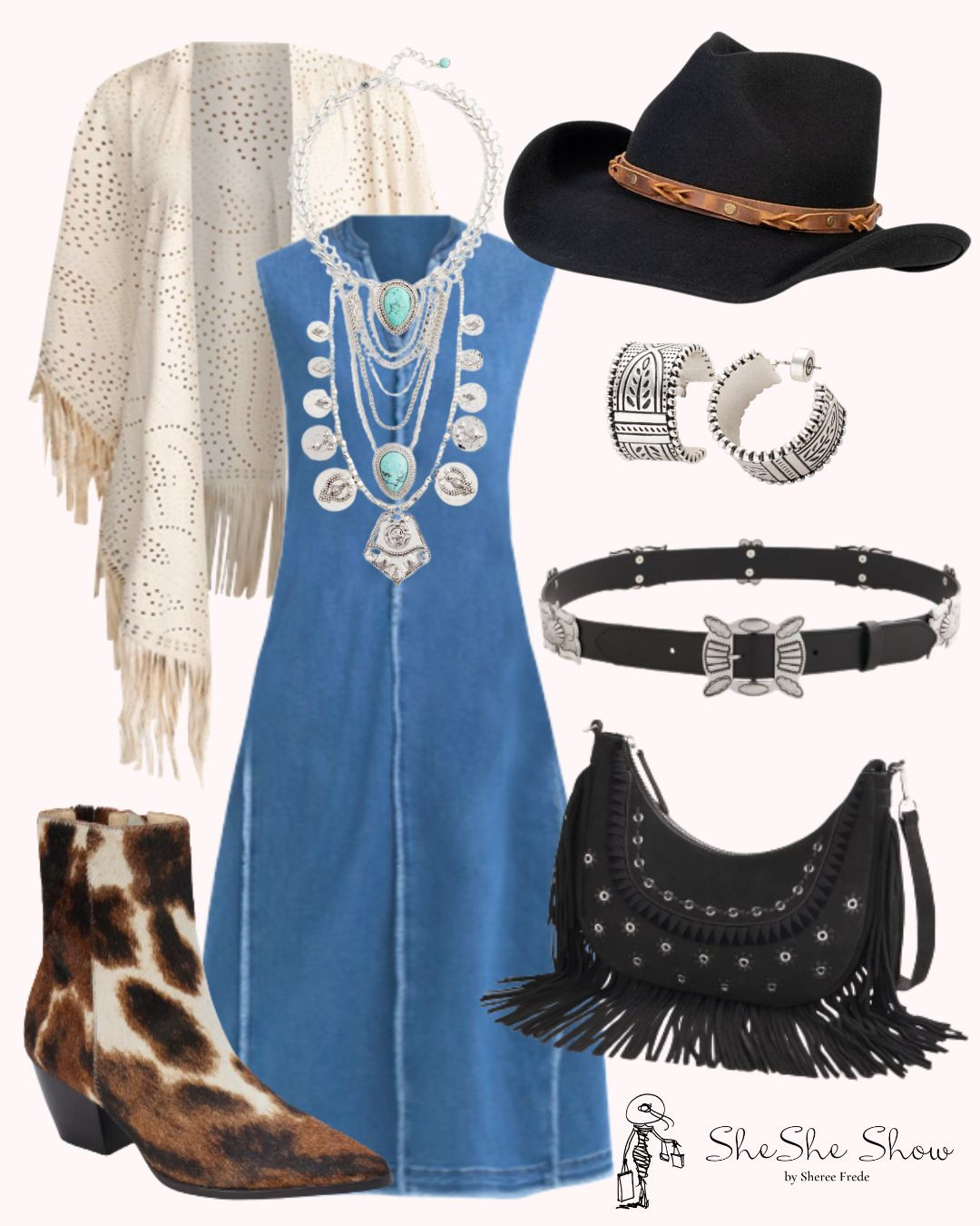   Chico’s new arrivals…. Great styles for Nashville, Napa, Texas, New Mexico, Colorado or just cool street style. 
Suede fringe bag, suede fringe ruana, cowboy hat. Cow print booties 
Silver southwest jewelry, belt, necklace 
I wear a size 0 in Chico’s unique sizing

 


 

#LTKSeasonal #LTKOver40 #LTKStyleTip