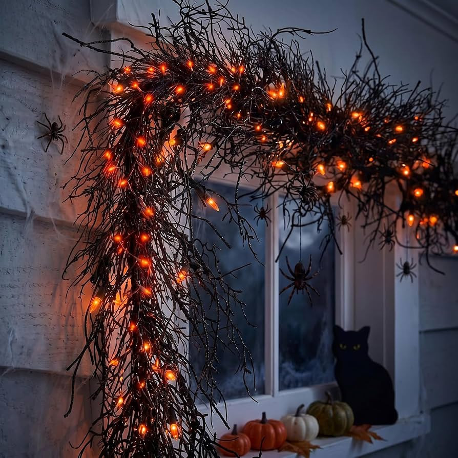 Thiccywoov Halloween Lighted Creepy Black Twig Vines Garland for Mantle | Amazon (US)