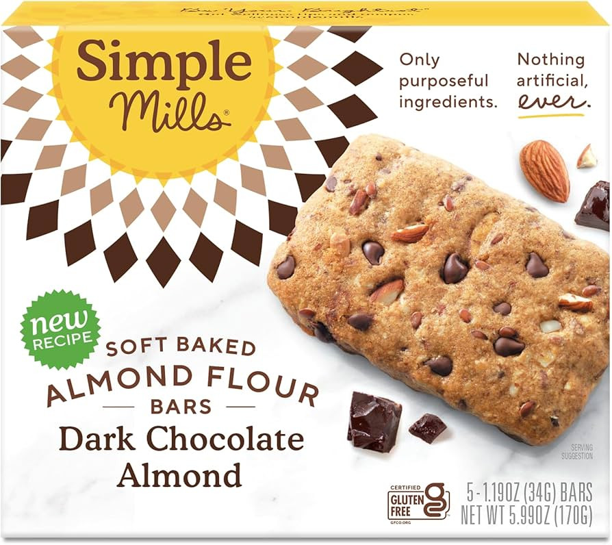 Simple Mills Soft Baked Dark Chocolate Almond Flour Bars, 5 ct, 1.19 oz each | Amazon (US)