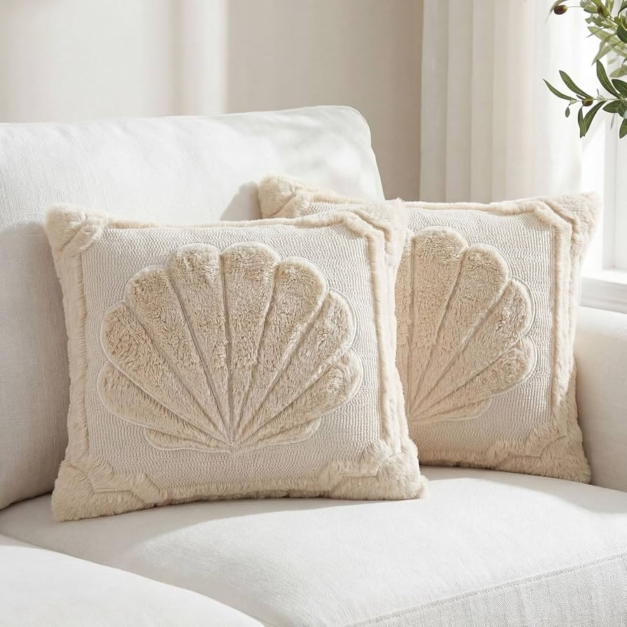 Tiamon 2 Pcs Seashell Pillow Covers 18x18 in, Soft Jacquard Coastal Throw Pillows Cases Faux Fur ... | Amazon (US)