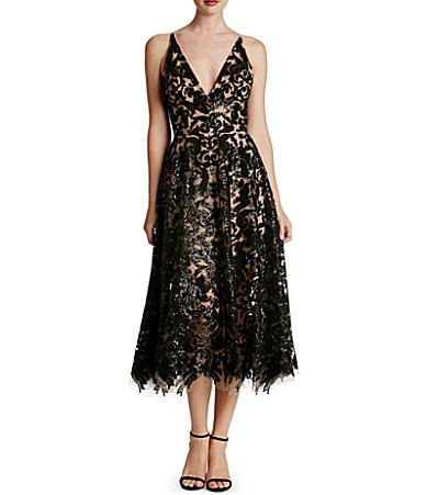 Dress the Population Blair Sequin Embroidered Mesh V-Neck Sleeveless A-Line Midi Dress - S | Dillard's