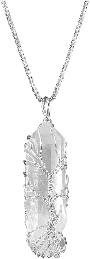 Top Plaza Natural Raw Stone Healing Crystal Necklace Silver Tree Of Life Wire Wrapped Clear Quart... | Amazon (US)