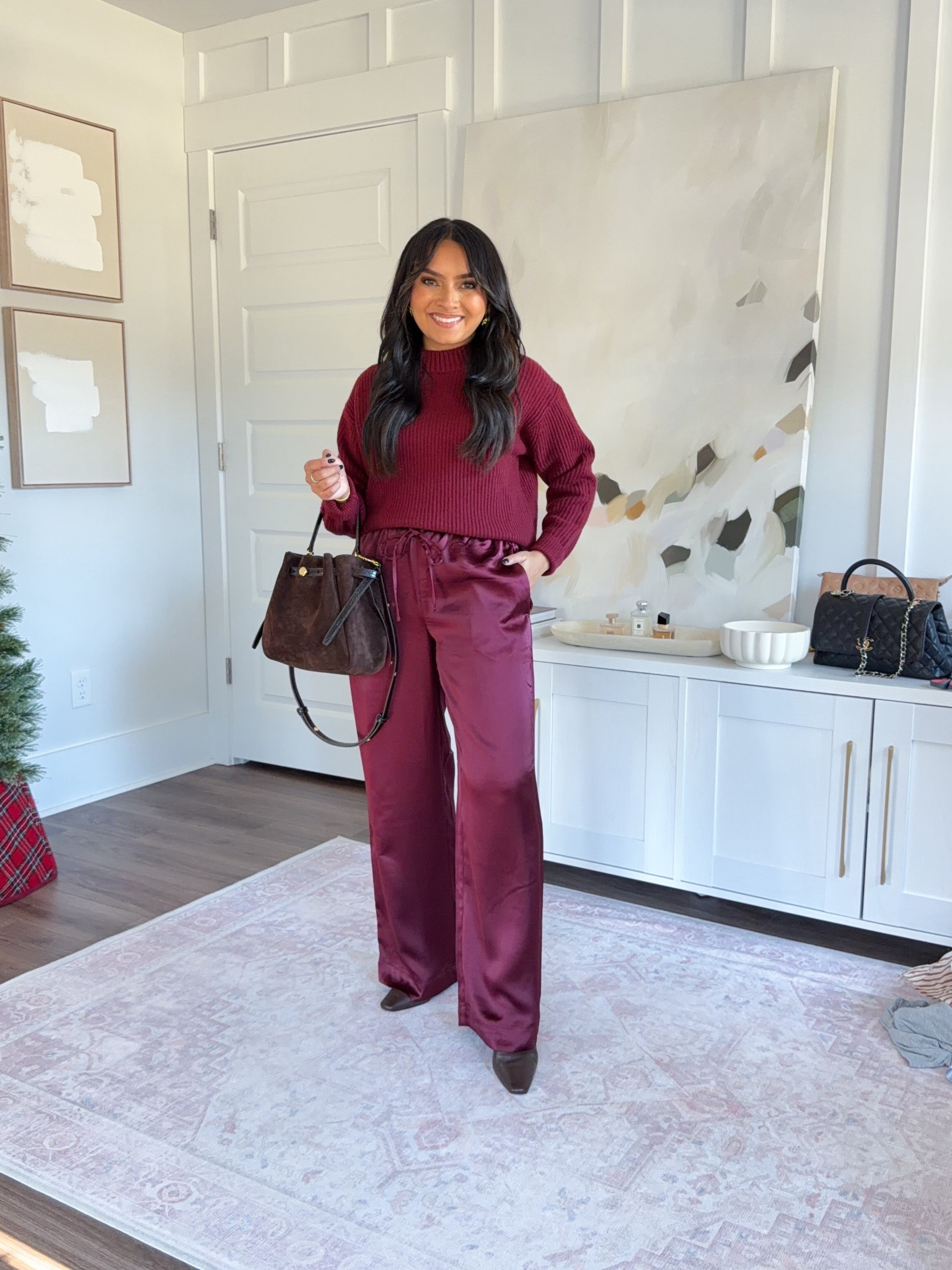 Burgundy sweater - old, similar linked
Burgundy smocked garnet satin pants size xs regular - i wanted a full length longer pant so i went with regular sizing but these do come in petite!
Dark brown leather booties size 5.5 TTS


#LTKHoliday #LTKCyberWeek #LTKPetite