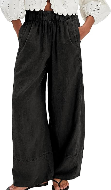 Linen Pants for Women Cotton Baggy Boho Casual Palazzo Pants Wide Leg Long Lounge Trousers with P... | Amazon (US)