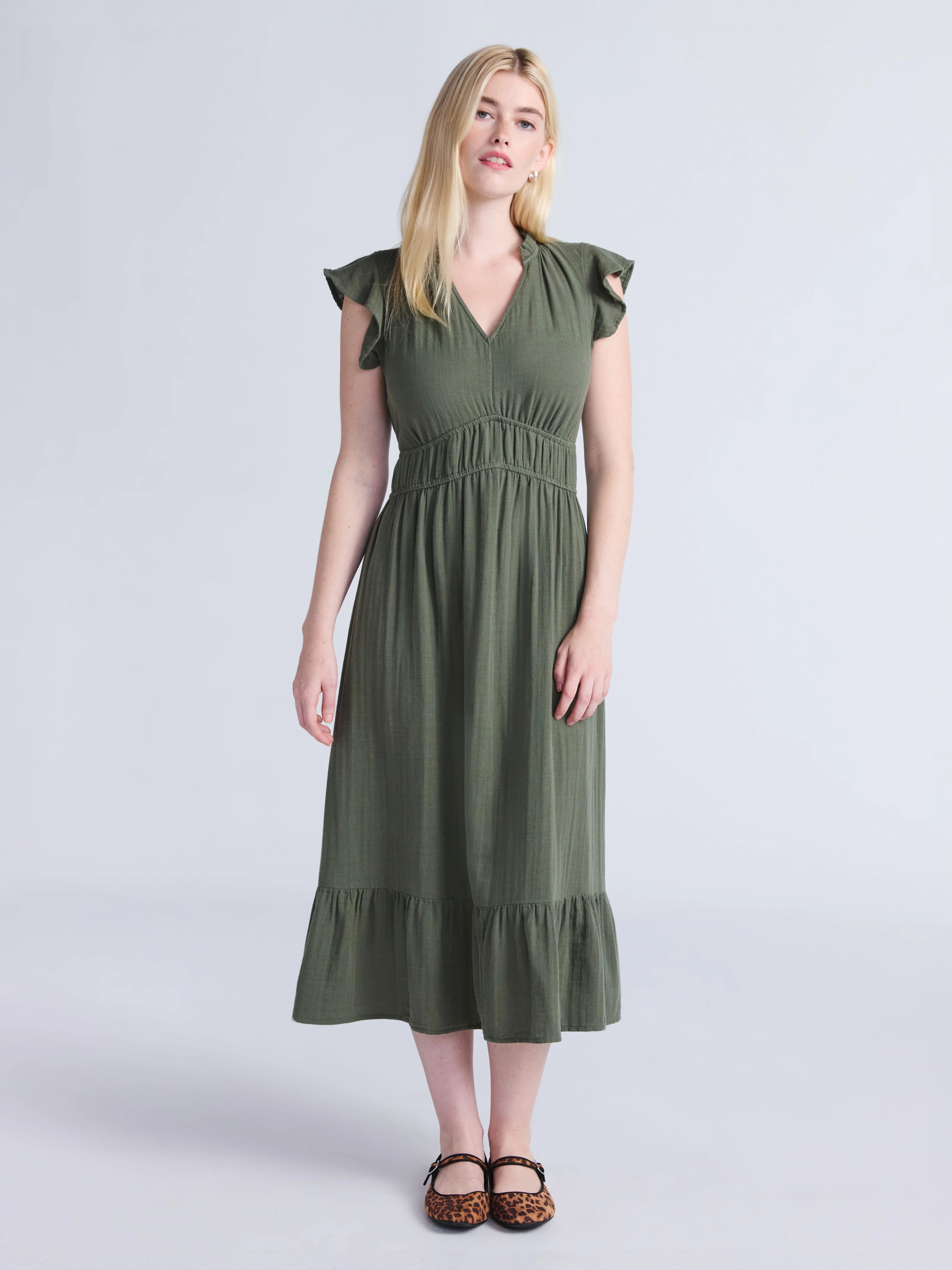 Time and Tru Women's Double Cloth Cotton Midi Dress with Flutter Sleeves, Sizes XS-XXXL | Walmart (US)