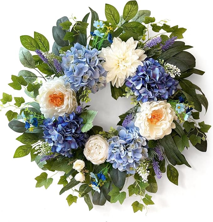 24 Inch Spring Wreaths for Front Door, Spring Summer Door Wreath with Blue Hydrangea White Peony ... | Amazon (US)