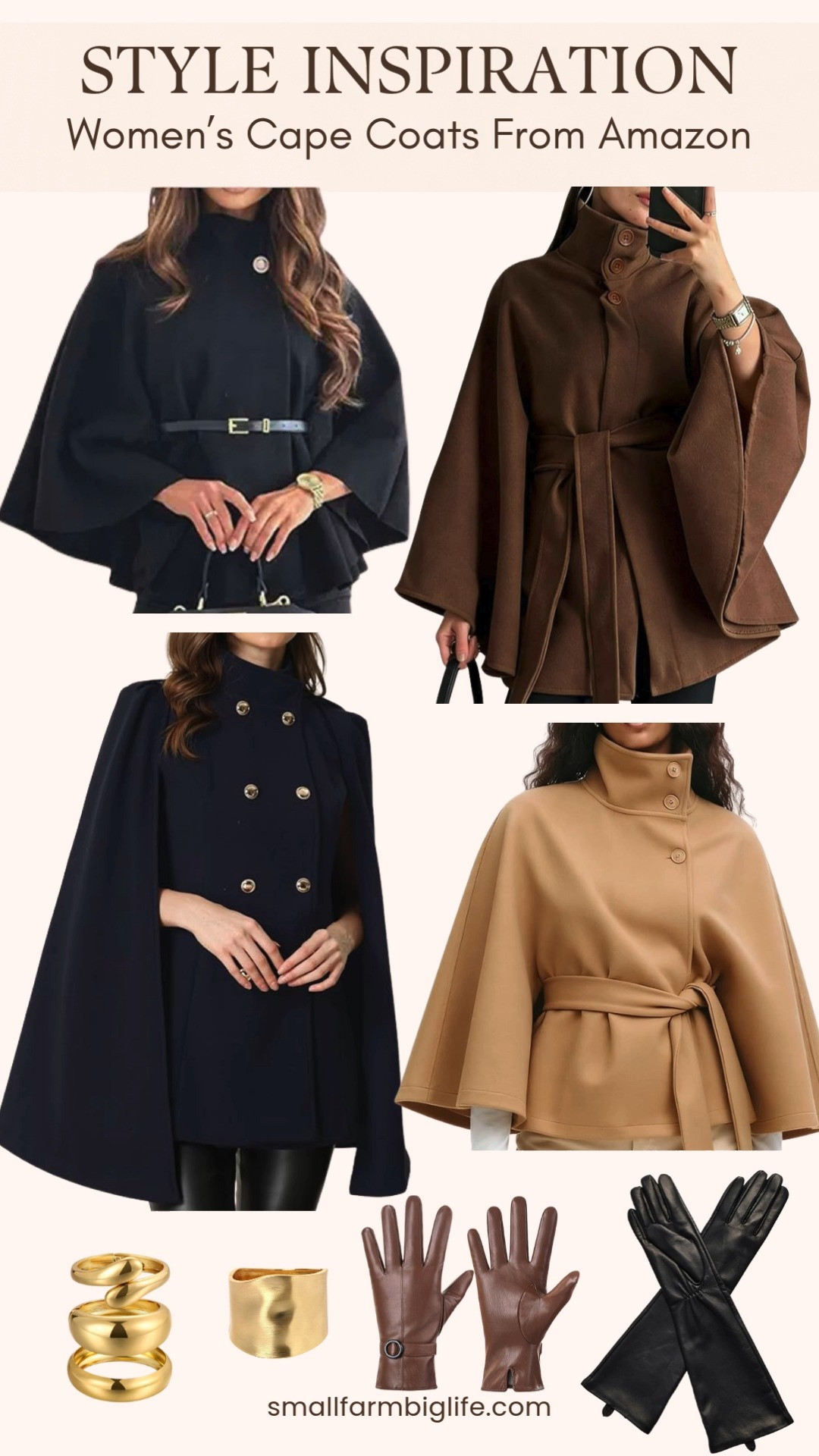 Cape coat style inspiration with statement accessories ✨
Elegant cape coats in classic neutrals paired with thick gold bangles and long leather gloves for a timeless, elevated winter look. These pieces feel polished, dramatic, and perfect for dressing up cold weather outfits while still staying warm 🤍 

 #LTKootd #LTKOver40 #LTKFindsUnder50