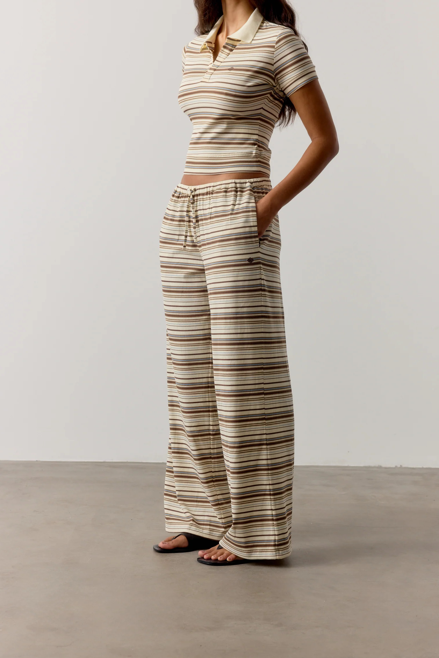 STRIPE WIDE LEG TROUSERS - BEIGE | The Couture Club