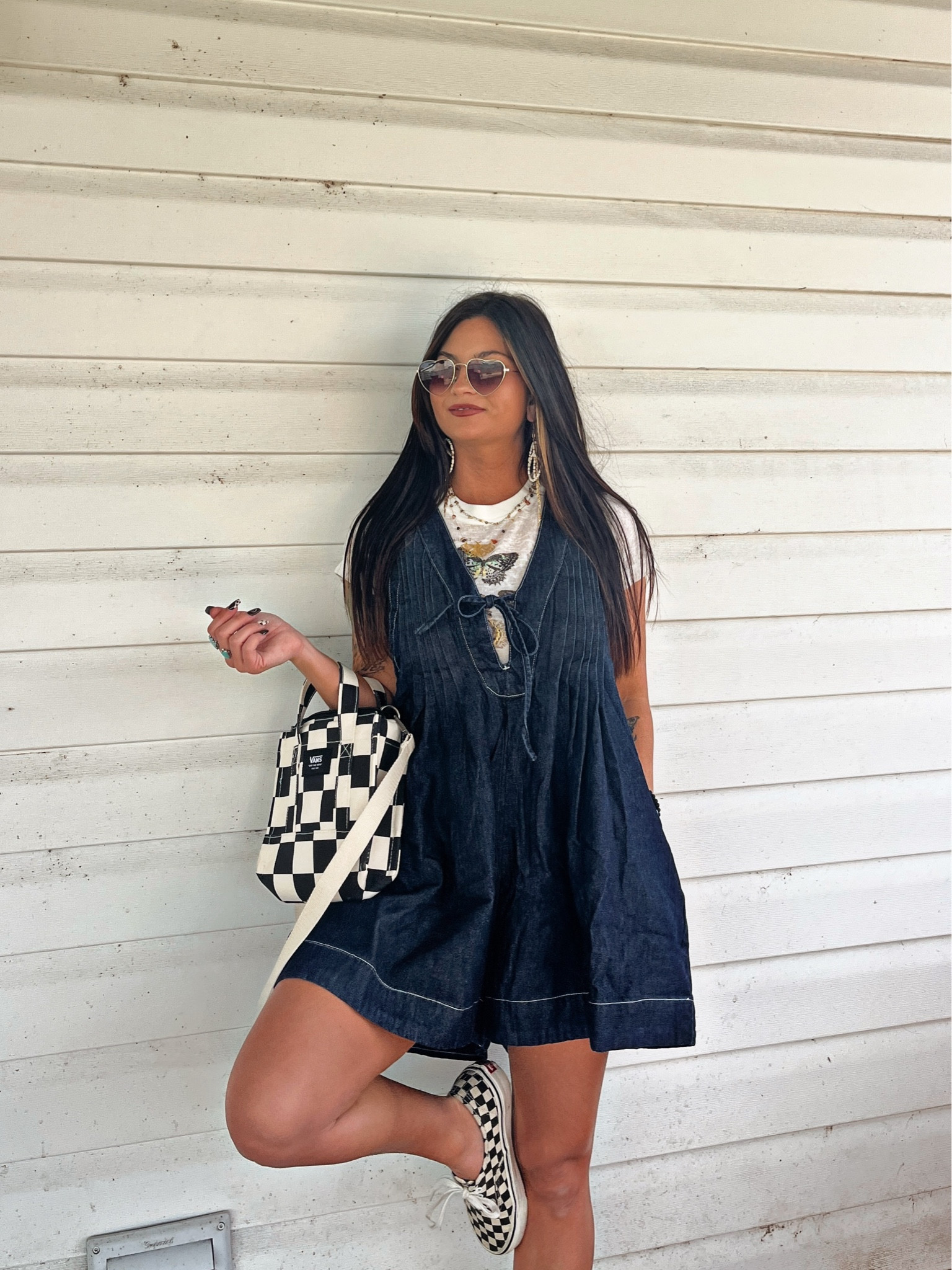 Dark wash denim romper paired with butterfly tee and checkered print sneakers & bag! Code LORI20 to save on romper. Jewelry from Highway Hippie code LORI10

#LTKStyleTip #LTKSeasonal #LTKFindsUnder100