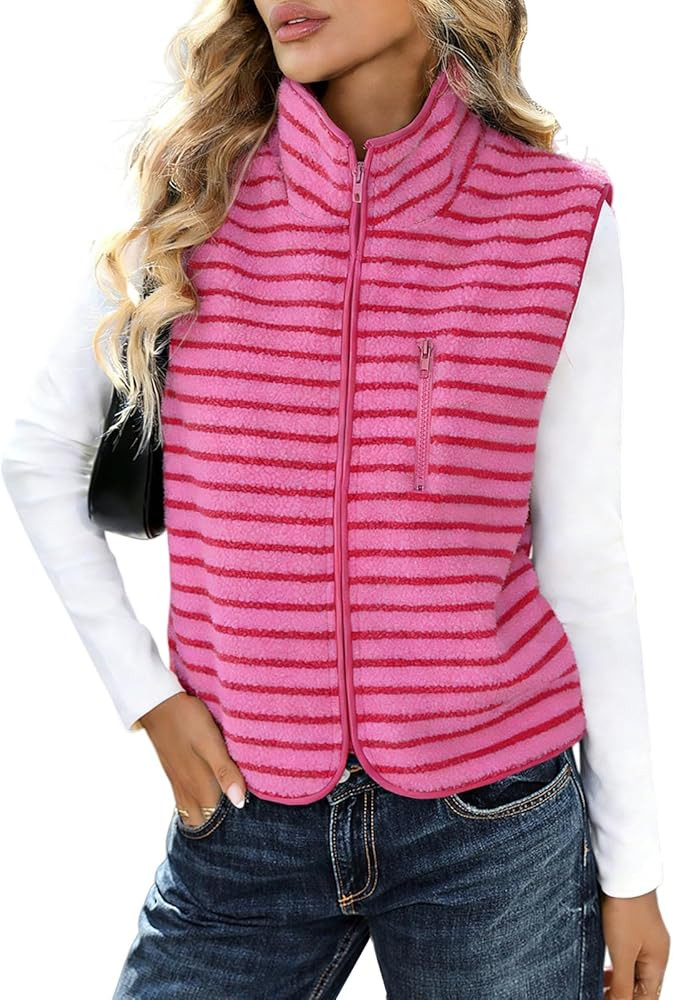 TITOMD Womens Sherpa Fleece Vest Sleeveless Zip Up Striped Lightweight High Neck Outerwear Jacket... | Amazon (US)