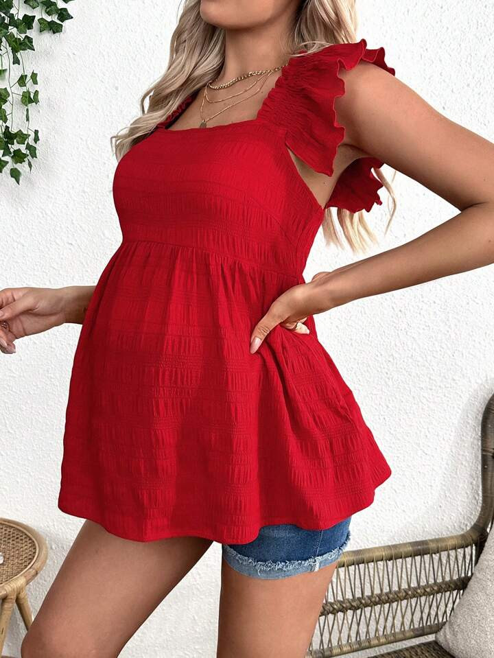 SHEIN Young And Casual Loose Maternity Blouse With Ruffled Neckline | SHEIN