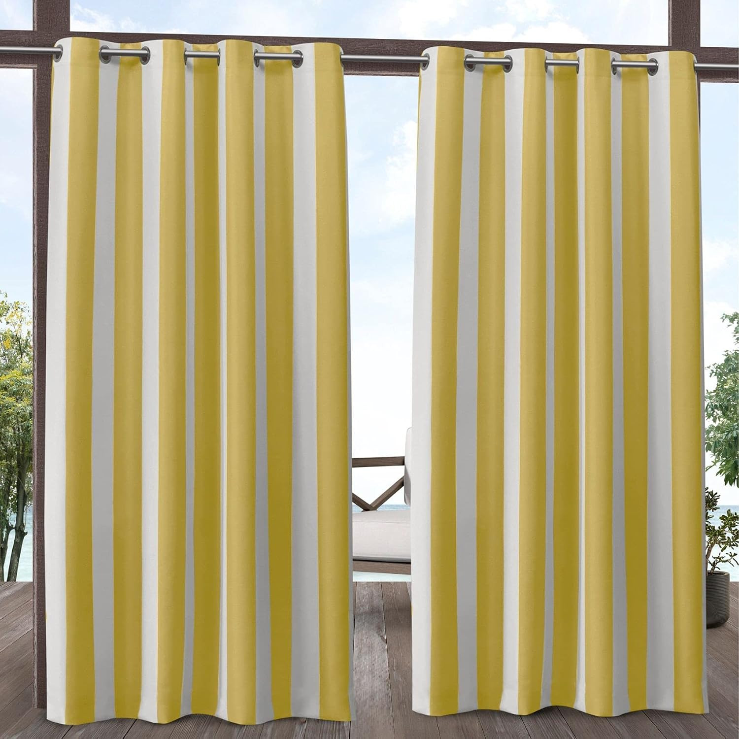 Exclusive Home Canopy Stripe Indoor/Outdoor Grommet Top Curtain Panel, 54"x96", Sunbath / White, Set of 2 | Amazon (US)