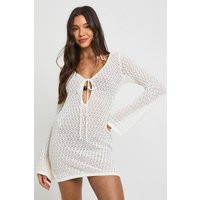 boohoo Women's Key Hole Tie Long Sleeve Crochet Mini Beach Dress in Cream | Size: Medium | Boohoo.com (UK & IE)