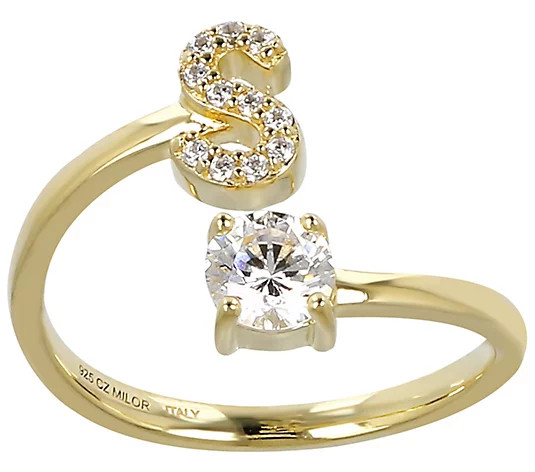 Diamonique Bypass Initial Ring, 14K Gold Clad - QVC.com | QVC