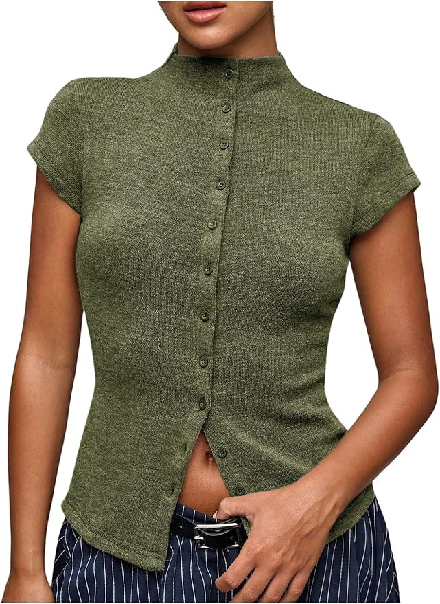 Milumia Women's Cap Sleeve Knit Top Mock Neck Button Down Sweater Tops | Amazon (US)