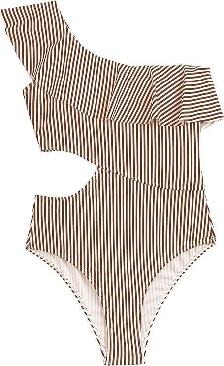 Floerns Women's Striped One Shoulder Cut Out Ruffle One Piece Swimsuit Monokini Bathing Suit | Amazon (US)
