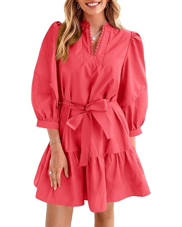 Cicy Bell Womens Puff 3/4 Sleeve Mini Dresses Bow Tie Waist V Neck Casual Trendy Ruffle Tiered Sh... | Amazon (US)