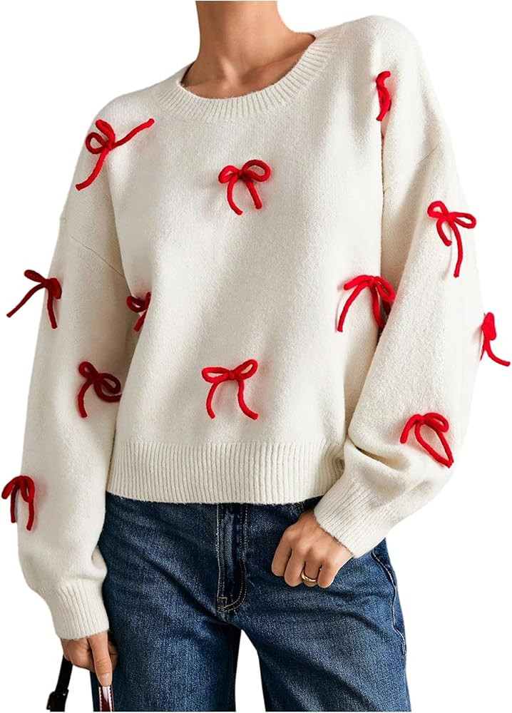 WDIRARA Women's Bow Sweaters Cute Crew Neck Long Sleeve Pullovers Knit Tops | Amazon (US)