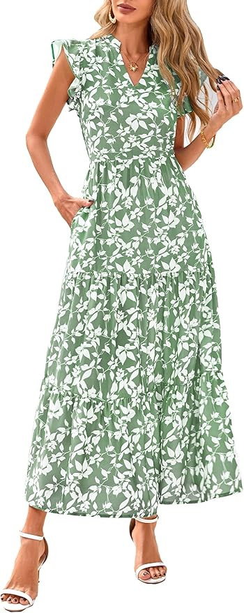 PRETTYGARDEN Women's 2026 Summer Floral Midi Dress Cap Sleeve V Neck Ruffle Long Flowy Boho Casua... | Amazon (US)