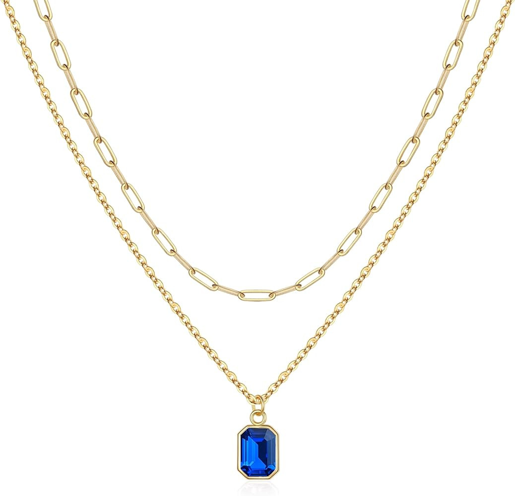 Layered Birthstone Necklace for Women Girls, Gold Silver Rose Gold Plated Layered Paperclip Chain... | Amazon (US)