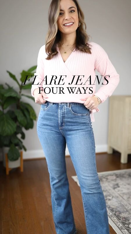 Flare jeans four ways 

Jeans petite 24 true to size, I need a heel with the length 
Pink sweater xxs regular sizing 
Striped top petite xxs 
Cream cardigan petite xxs 
Printed shell xxs regular sizing 
White blazer petite 00/xxs 
White sweater petite xxs 


#LTKstyletip