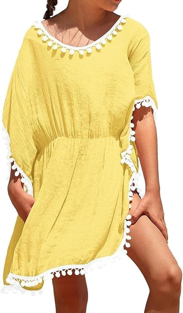 Eurivicy Girl's Swim Cover Up Kids Summer Swimwear Beach Dress Swimsuit Wraps with Pom Pom Trim | Amazon (US)