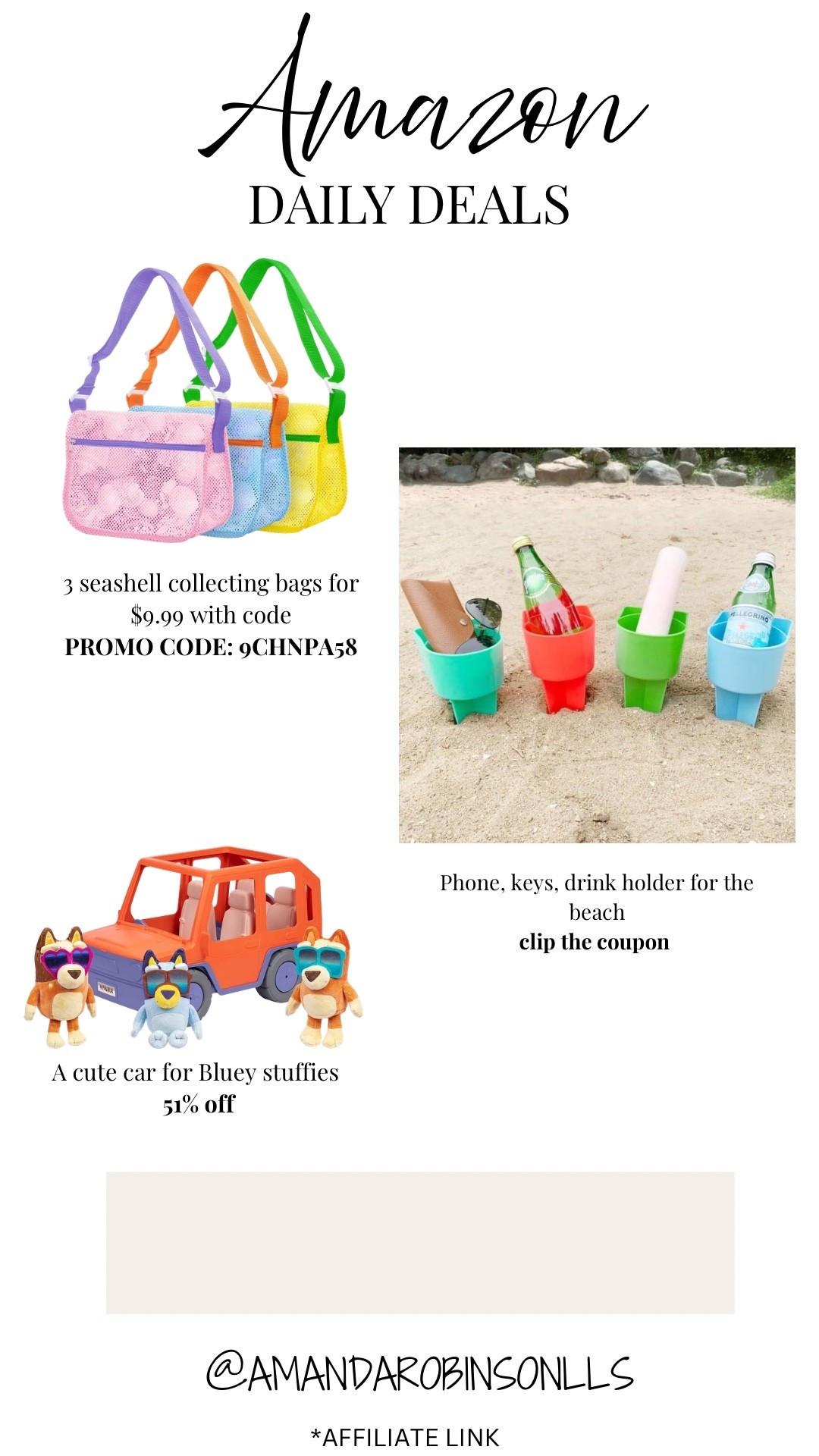 Amazon daily deals
Seashell collecting bags
Drink holders for the beach
Bluey plush car

#LTKKids #LTKSwim #LTKSaleAlert