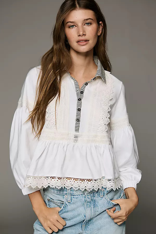 Maeve 100% Cotton Lace Placket Blouse | Anthropologie (US)