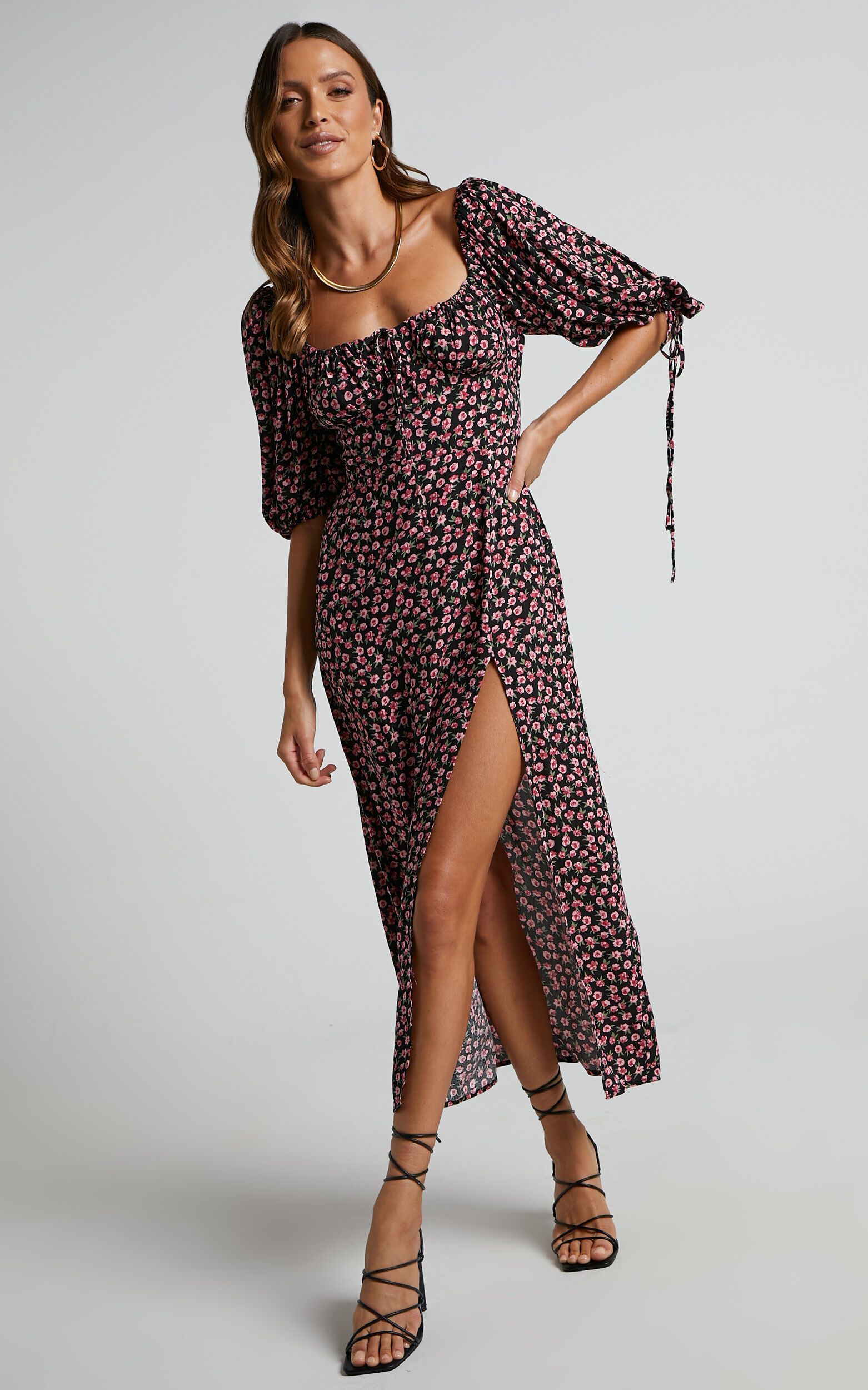 Rosario Midi Dress - Ruched Bust Puff Sleeve Dress in Black Floral | Showpo (US, UK & Europe)