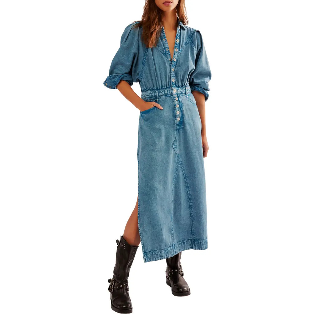 Free People Mad Love Long Sleeve Denim Midi Dress in Skyfall at Nordstrom, Size X-Large | Nordstrom