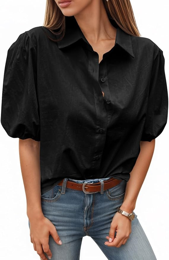 Tankaneo Women's Button Down Shirts Short Puff Sleeve Collared Dressy Casual Blouse Tops | Amazon (US)