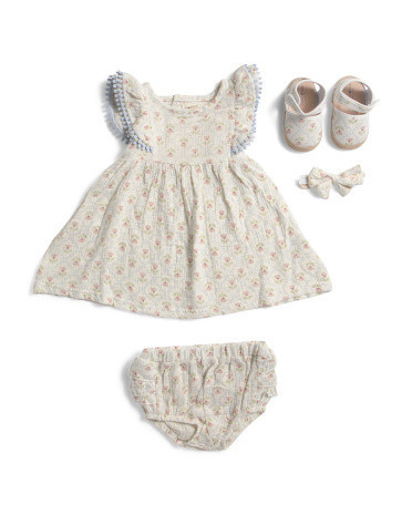 Infant Girls Trellis Flowers Dress Set With Headband And Shoes | TJ Maxx