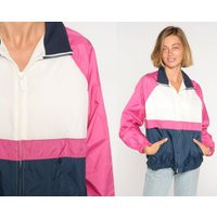 Color Block Windbreaker 90S Zip Up Jacket Retro Pink White Blue Striped Lightweight Shell Hipster Streetwear Nylon Vintage 1990S Medium M | Etsy (US)