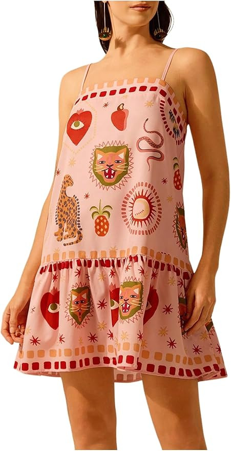RoseSeek Women's Graphic Ruffle Hem Mini Vacation Dress Boho Spaghetti Strap Drop Waist Short Dre... | Amazon (US)