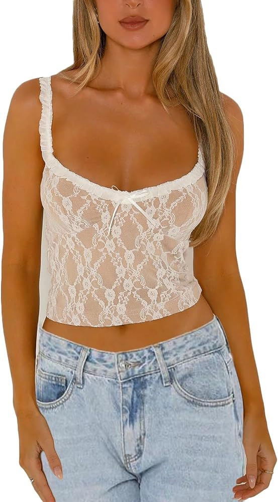 Women's Y2k Crop Tank Top Sexy Ruffle Strap Camisole Ruched Lace Cami Bustier Shirt Cute Going Ou... | Amazon (US)