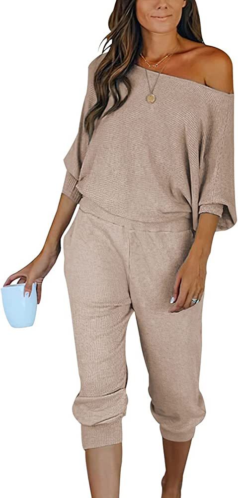 PRETTYGARDEN Women's 2 Piece Ribbed Tracksuit Outfits Off Shoulder Long Sleeve Pullover Long Pant... | Amazon (US)