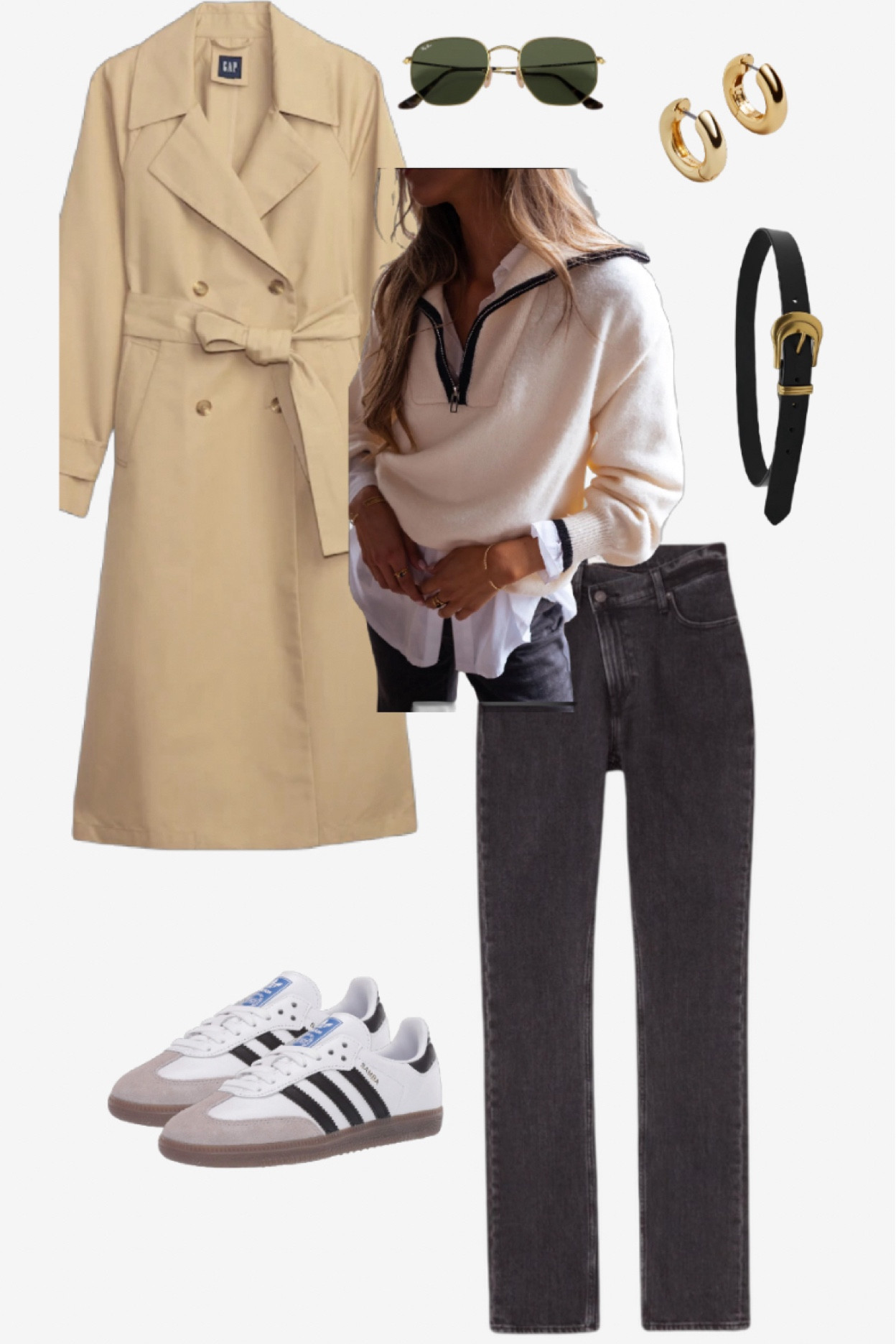 Spring transitional outfit idea! A quarter zip with black denim and sambas paired with a trench coat to stay warm! Run your errands in style and comfort!

#LTKfindsunder100 #LTKSpringSale #LTKstyletip