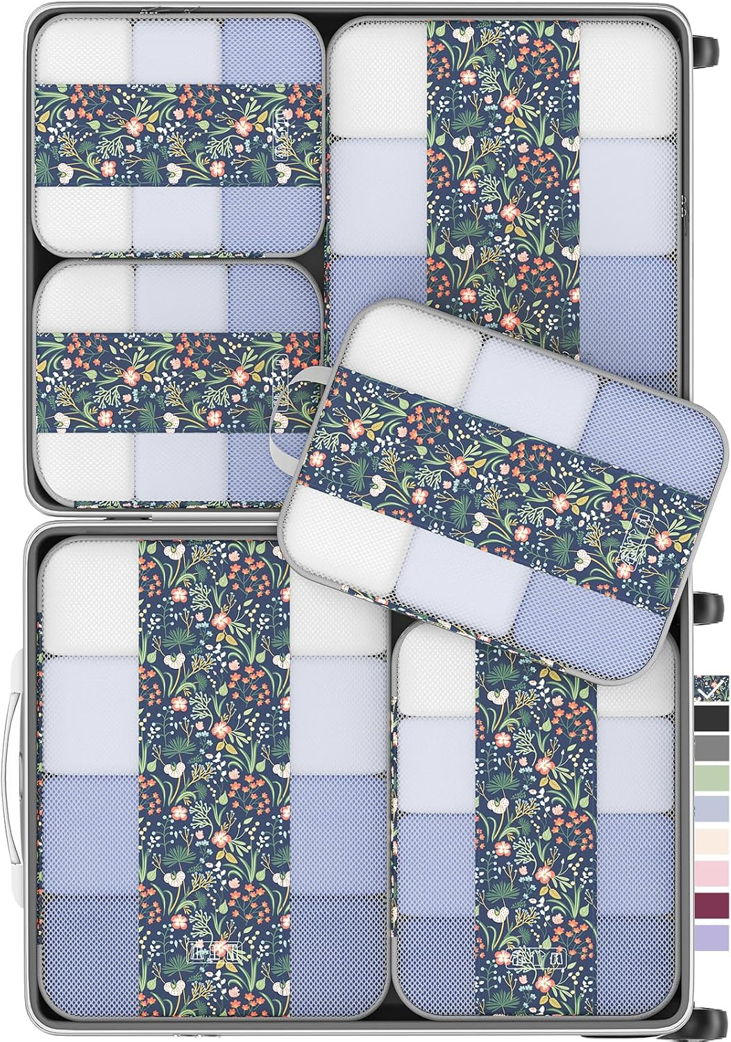OlarHike 6 Set Compression Packing Cubes for Travel Essentials,Compressible Expandable Space Saver Bags for Organizing Clothes,Luggage Garment Bags with Over 1000 pcs Mesh Holes(Dark Blue Floral) | Amazon (US)