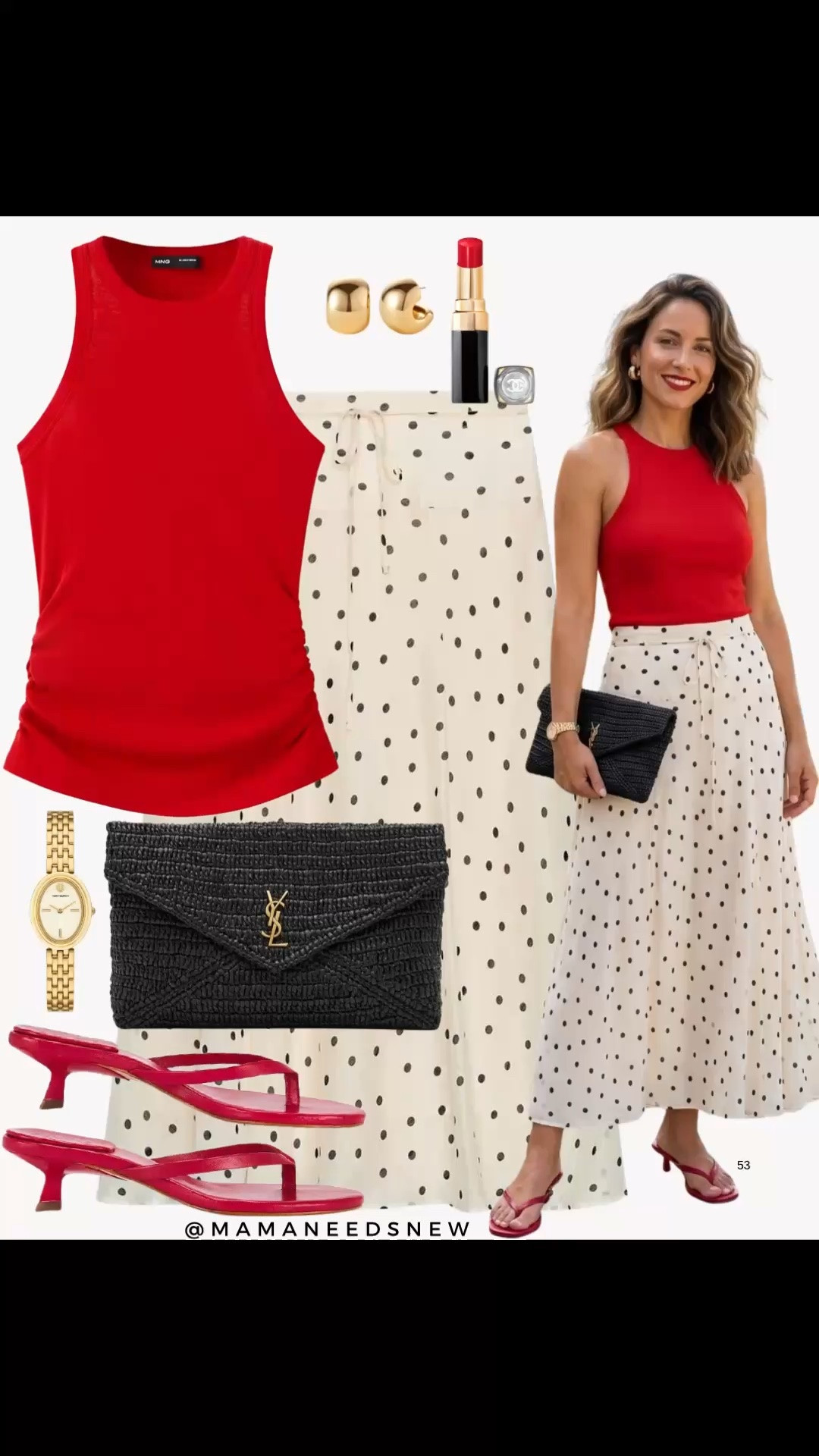 A spring to summer outfit with a tank top, polka dot maxi skirt, raffia clutch bag, thong heels  ❤️

#LTKootd #LTKSeasonal #LTKSaleAlert