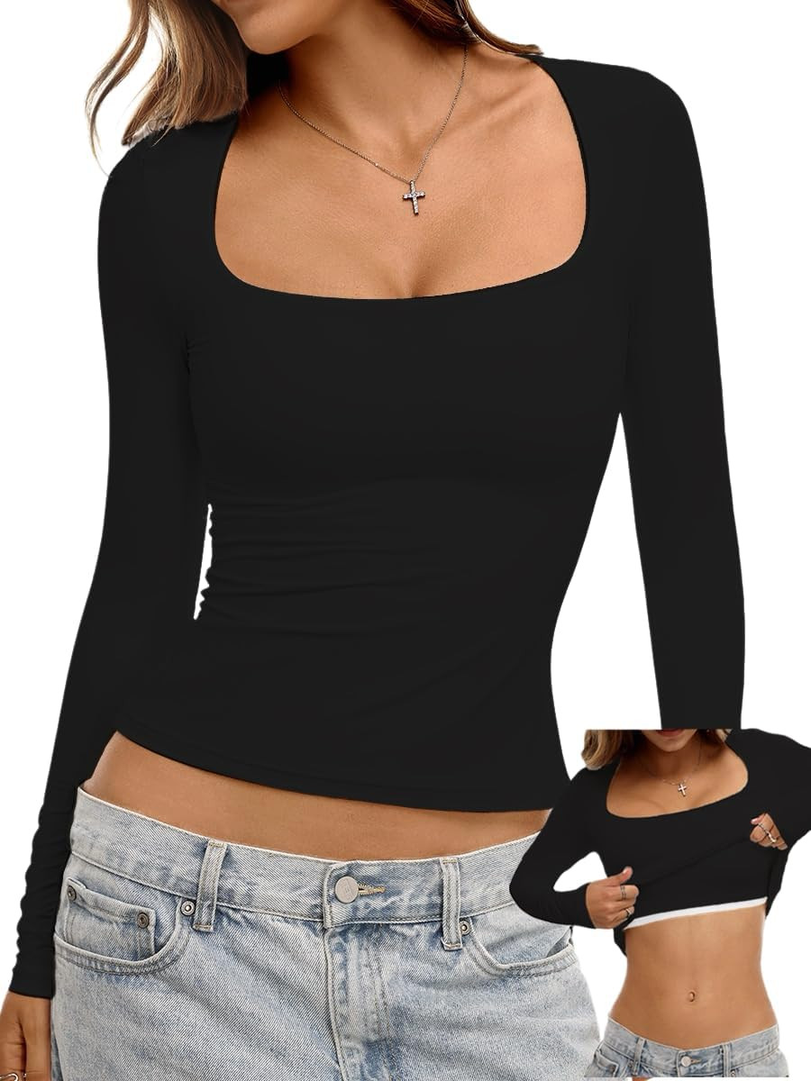 Danysu Double Lined Long Sleeve Tops with Built in Bra for Women Square Neck Basic Slim Crop Fall T-Shirts | Amazon (US)