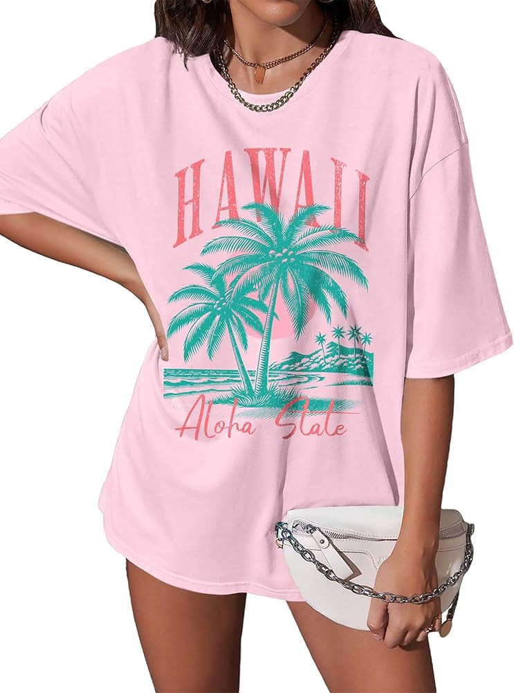Hawaiian Shirt Women Oversized: Hawaii Aloha State Tshirt Palm Tree Graphic Tee Casual Summer Top... | Amazon (US)