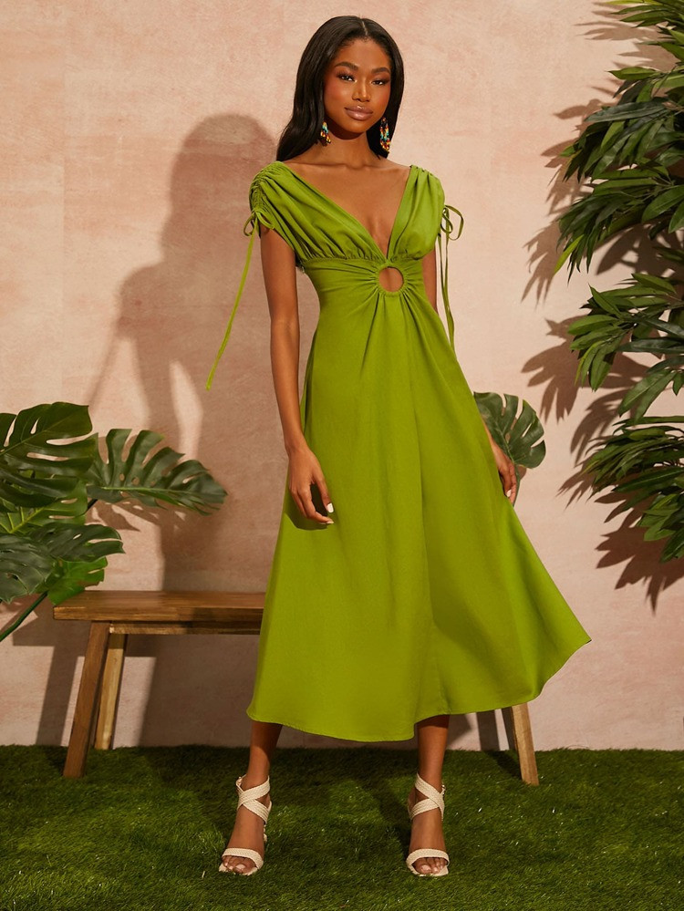 SHEIN Ruched Drawstring Batwing Sleeve O-ring Front Dress | SHEIN