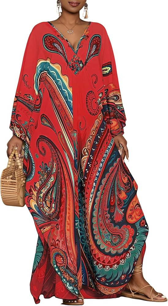 Bsubseach Kaftan Dresses for Women Ethnic Print Plus Size Beach Cover Ups Batwing Sleeve Caftans ... | Amazon (US)