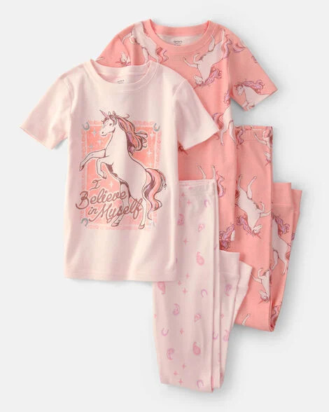 Girls Unicorn 100% Cotton Snug Fit 4-Piece Pajama Set - Pink | Carter's Inc