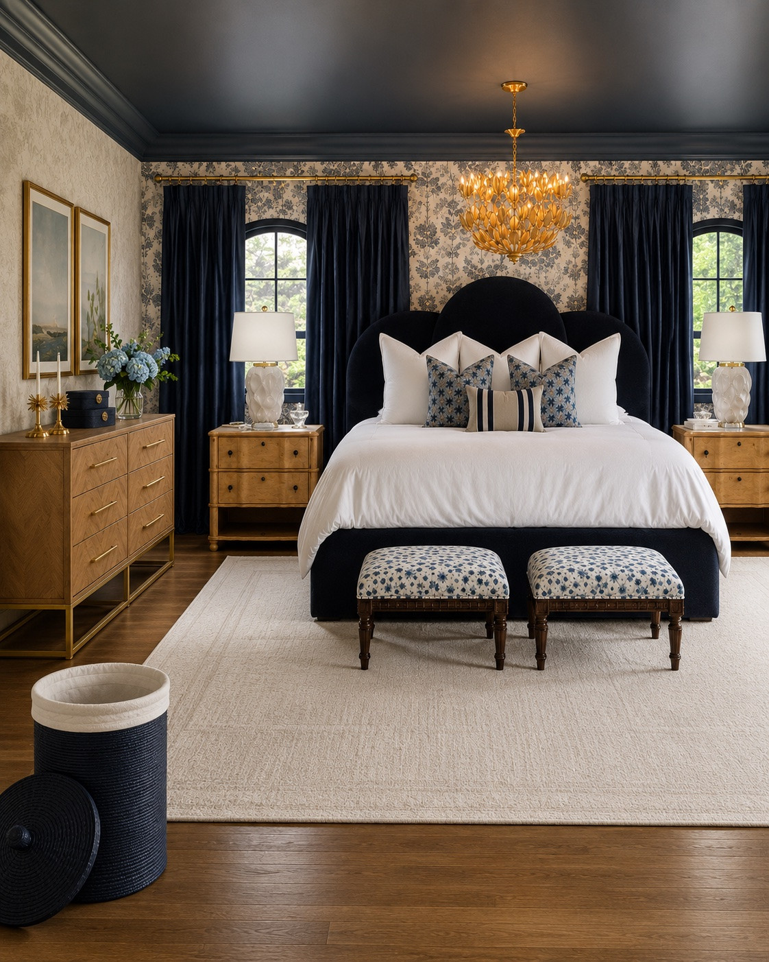 Render and design of a primary bedroom with navy blue & cream

#LTKdayinmylife #LTKHome #LTKSaleAlert
