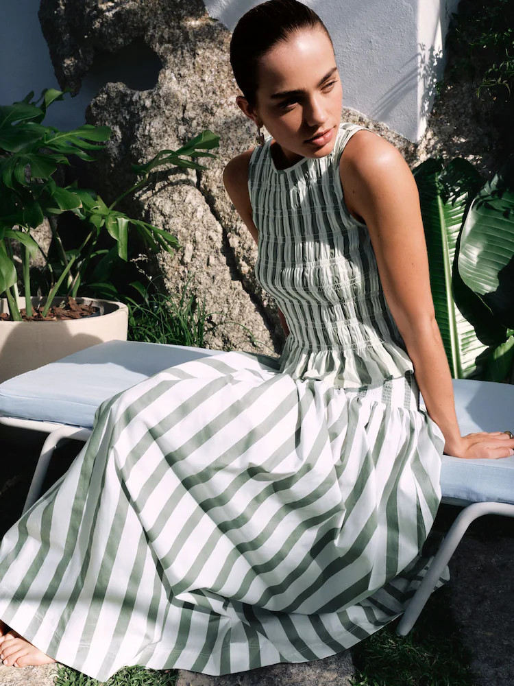 Sage Green Striped Shirred Maxi Skirt | Next US