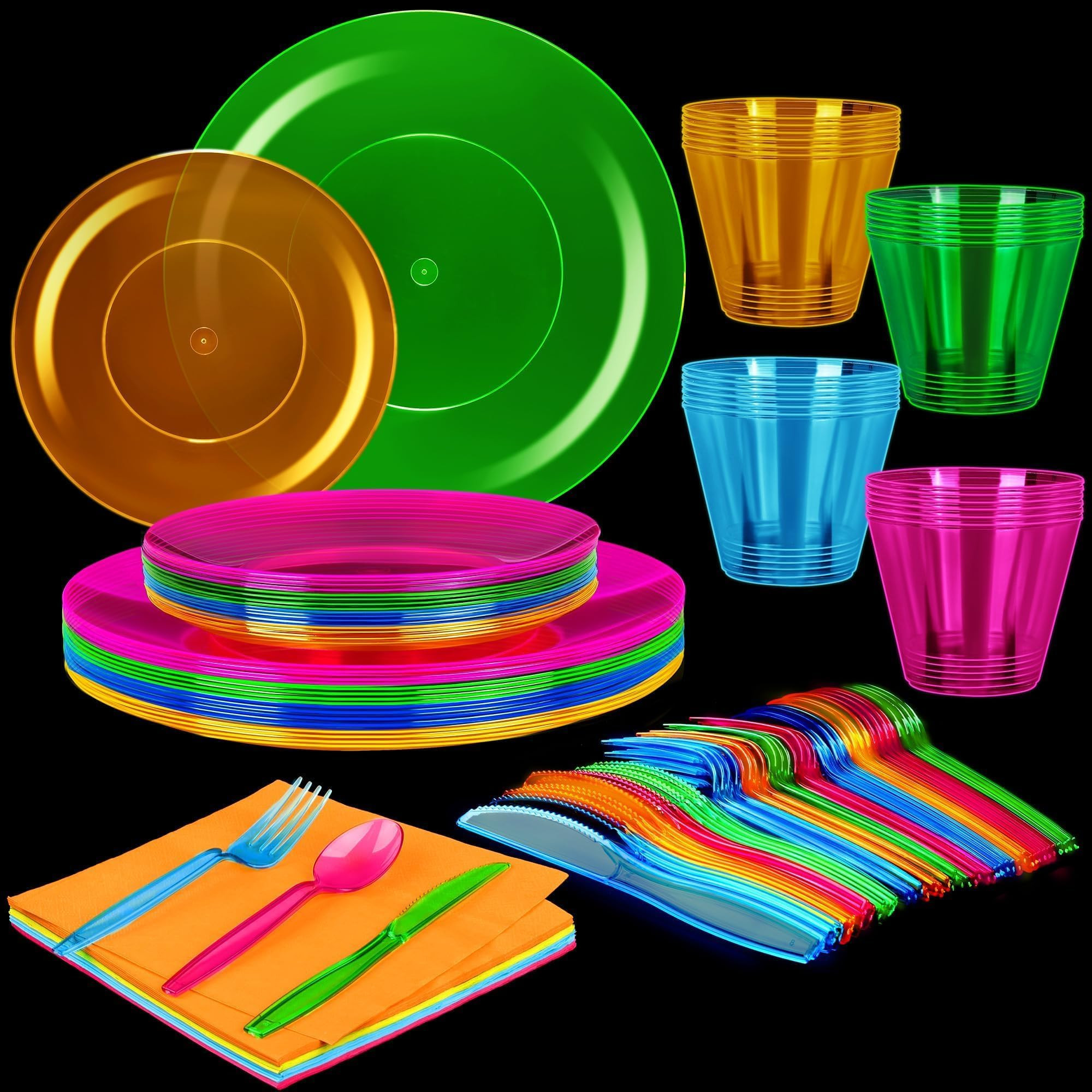 168 PCS Neon Party Supplies-Serves 24, Including Disposable Plastic Neon Party Plates, Cups, Cutl... | Amazon (US)