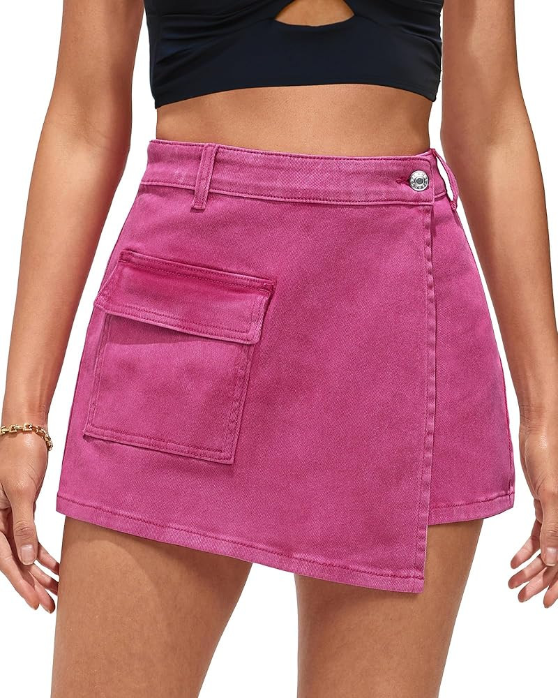 luvamia Denim Skorts for Woman Cargo Faux Wrap Jean Skort Skirts Stretchy High Waisted Skirt Shor... | Amazon (US)