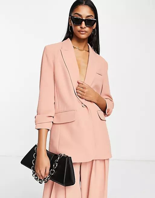 River Island ruched sleeve blazer co-ord in light pink | ASOS (Global)